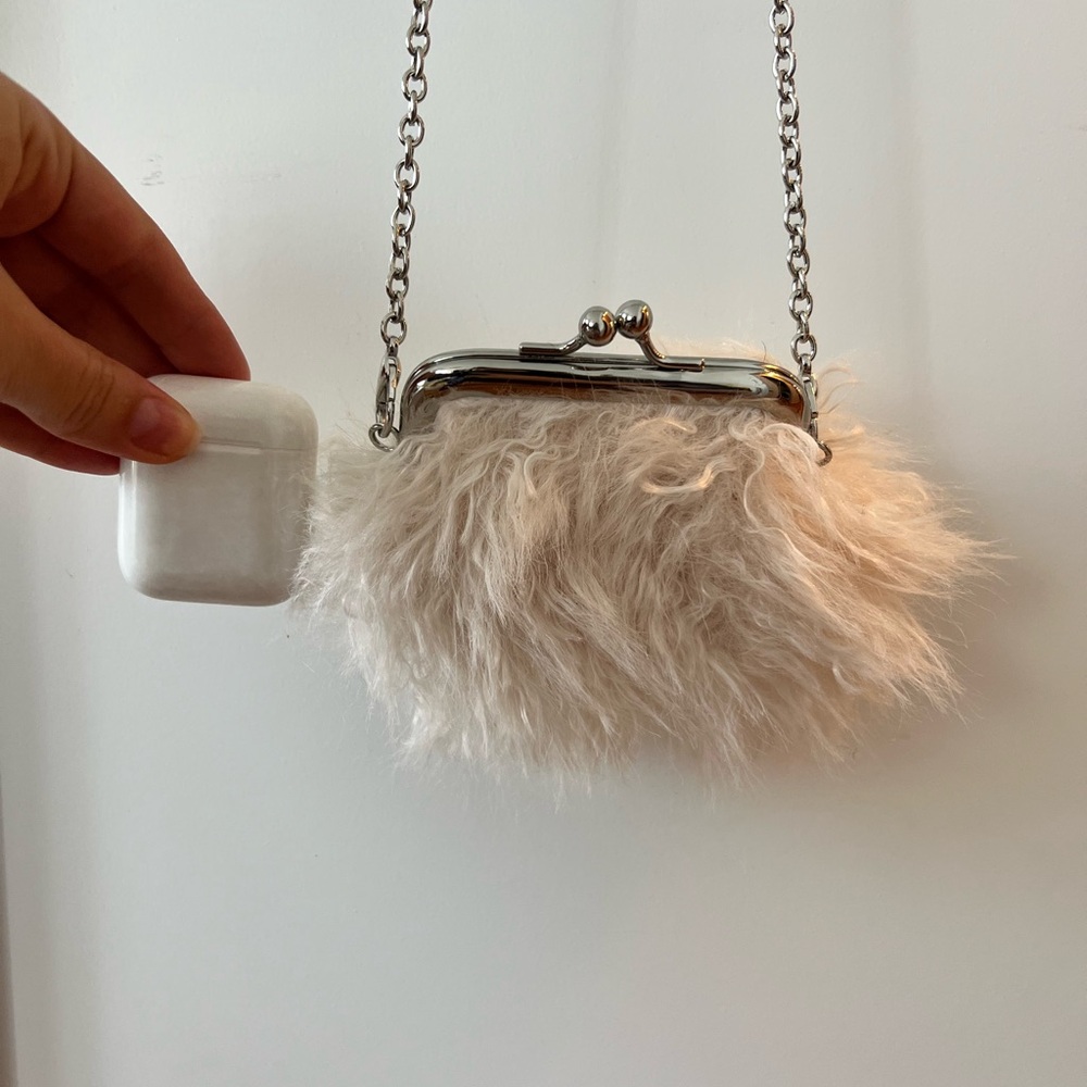 Fluffy Faux Fur Mini Crossbody with Silver Chain for AirPods/Lipstick